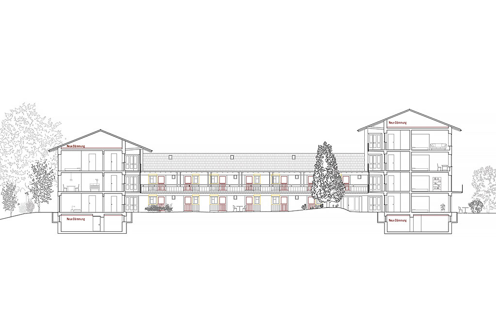 So soll die Siedlung Espenhof nach der denkmalpflegerischen Instandsetzung aussehen: nicht mehr toskanagelb, sondern im ursprünglichen Hellgrau verputzt.