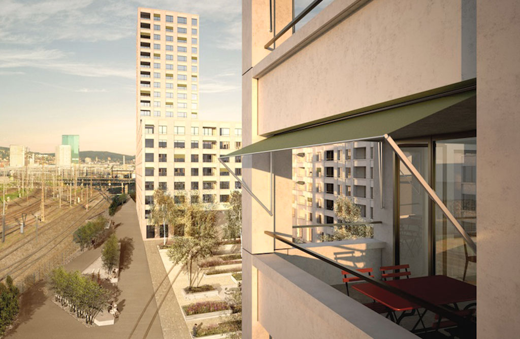 Die geplante Siedlung Letzibach D in Zürich Altstetten. Im Vordergrund das Hochhaus mit 130 Alterswohnungen.