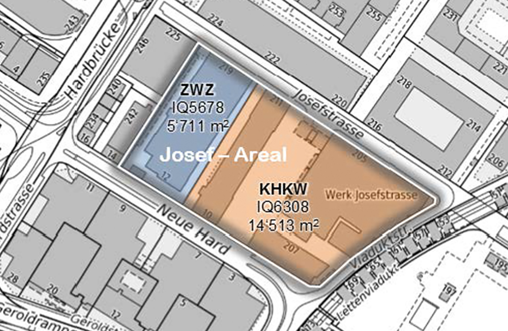Auf dem frei werdenden Josef-Areal möchte die SAW ein Kooperationsprojekt mit den Pflegezentren Zürich (PZZ) verwirklichen. (Plan © Geomatik+Vermessung Zürich)